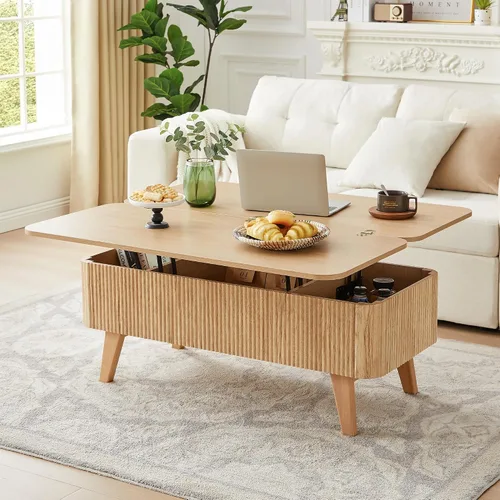 Vista 12 de Mesa de centro con parte superior acanalada totalmente montada con compartimento oculto, mesa central de madera, moderna mesa de elevación ovalada