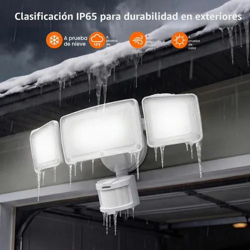 Vista 8 de LEPOWER Luces LED de seguridad con sensor de movimiento al aire libre, 38W 4200 lm, 5500K, resistencia al agua IP65, 3 cabezales detectados, luz