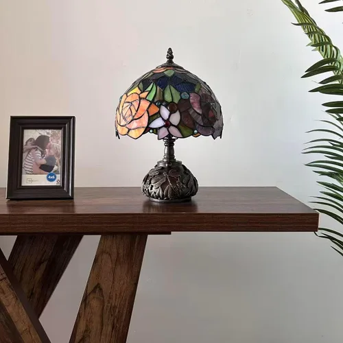 Vista 6 de Tiffany - Lámpara de mesa con diseño de flores, color rojo, naranja y azul, incluye base de libélula para sala de estar, dormitorio, mesita