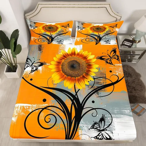 Vista 9 de Erosebridal Juego de ropa de cama rústica de tamaño individual, diseño de mariposa y girasol, para niños, adolescentes, adultos, retro, grunge