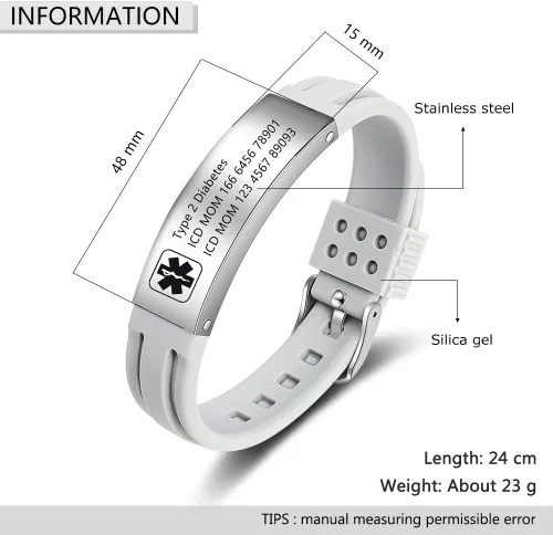Vista 115 de OPALSTOCK Pulseras médicas personalizadas de silicona ajustable para identificación de emergencias, grabado gratuito, 9 pulgadas, resistente al
