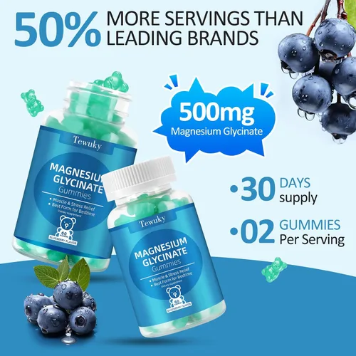 Vista 6 de Gomitas de glicinato de magnesio 500mg, sin azúcar para adultos y niños, gomitas de magnesio para dormir, estrés y alivio muscular, apoya la salud