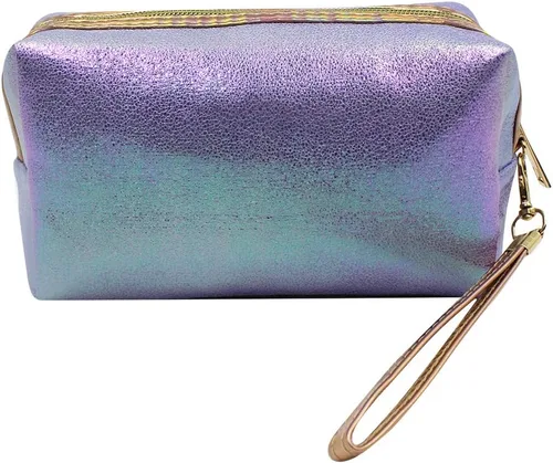 Vista 5 de Bolsa de cosméticos holográfica, organizador de artículos de tocador de viaje, bolsa de almacenamiento de sirena, estuche de, Azul