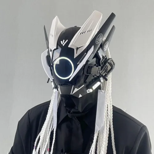 Vista 2 de Máscara punk futurista para mujeres y hombres, máscara de cosplay punk con luz moderna, máscara punk de cara completa en blanco y negro con trenzas