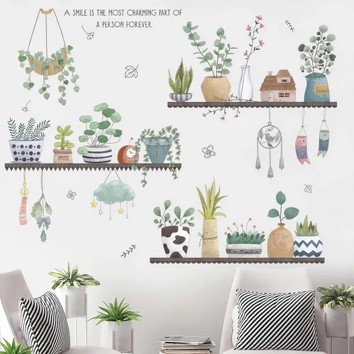 Vista 4 de Calcomanías de pared en maceta con plantas verdes frescas, hojas de sacinora para jardín, calcomanías de pared extraíbles de vinilo para despegar
