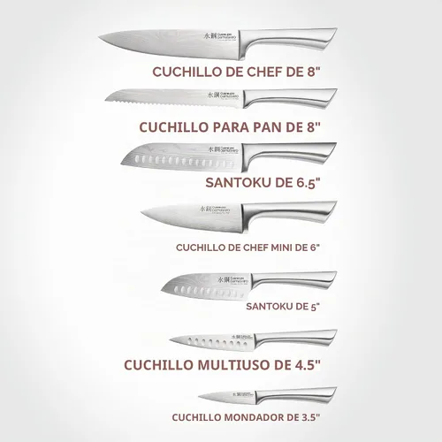 Vista 2 de Cuisine: pro Damashiro - Bloque de cuchillos Satori de 8 piezas, juego de cuchillos de acero japonés con bloque de cuchillos de madera de acacia