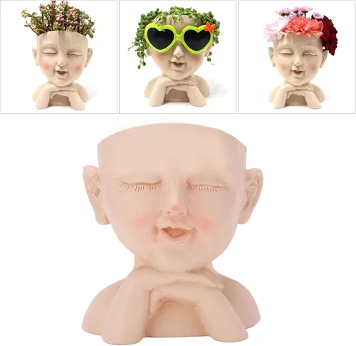 Vista 7 de Bonita maceta de cabeza de niña, maceta de cara humana, bonita maceta de resina con orificio de drenaje, ojos cerrados para plantas