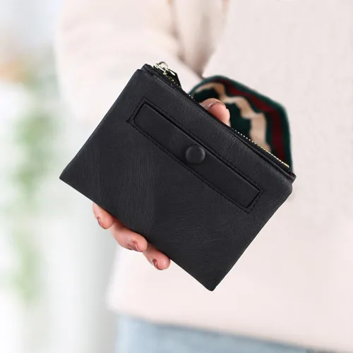 Vista 6 de PofeeXIO Carteras pequeñas Rfid para mujer, billetera plegable con bolsillo para monedas, mini monedero suave y compacto, Negro oscuro, Minimalista