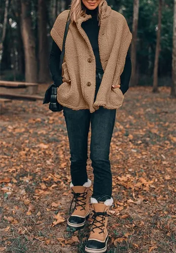 Vista 67 de Hongqizo - Chaleco de forro polar mullido para mujer, casual, de gran tamaño, cálido, con botones, chaqueta de sherpa con bolsillos