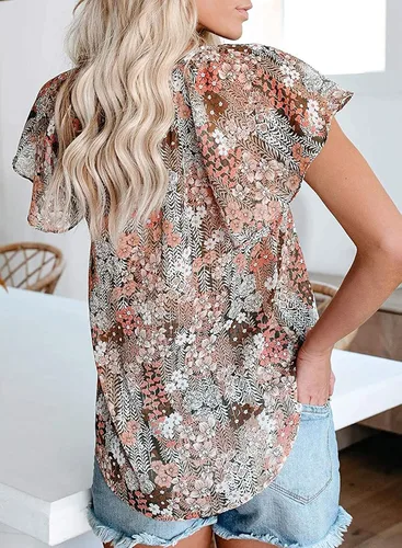 Vista 4 de SimpleFun Blusa de verano de manga corta con cuello en V floral para mujer