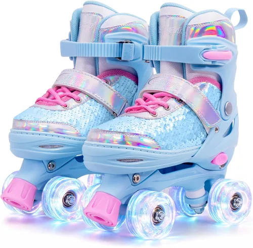 Vista 10 de Nattork Patines de ruedas para niños y niñas, 4 tamaños ajustables, patines cuádruples con lentejuelas y todas las ruedas iluminadas para niños