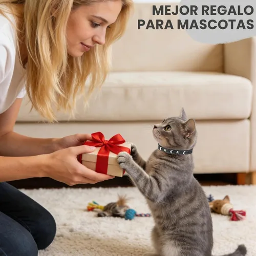 Vista 6 de Collares de cuero DILLYBUD para gatos macho y hembra con campana y cinturón elástico de seguridad, collar ajustable con hebilla de seguridad