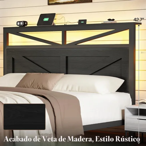 Vista 7 de Marco de cama rústico de tamaño completo con cabecera de puerta de granero y almacenamiento, marco de cama LED estilo granja de tamaño completo