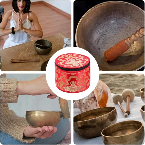 Vista 4 de Bolsa tibetana con cremallera para cuenco de meditación budista, soporte portátil de viaje al aire libre, caja de almacenamiento de 4.7 x 3.7 in