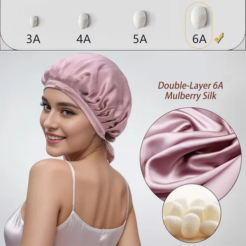 Vista 2 de Cocheng Gorro de seda 100% morera de doble cara con cinta ajustable, gorro de seda de 19 momme para dormir (rosa frijol)
