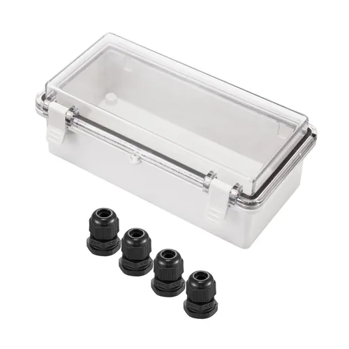 Vista 7 de Caja de conexiones ABS de 5.906 x 3.937 x 2.756 in con cierre de plástico transparente con bisagras, carcasa impermeable IP67 con soporte de pared