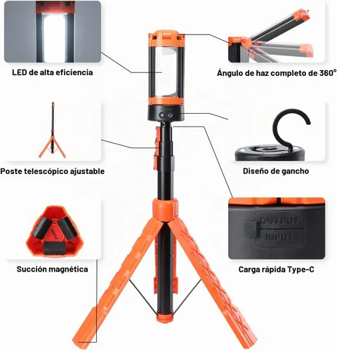 Vista 4 de Luces de campamento, linterna LED recargable portátil con 5 modos de iluminación, luz telescópica con luz de trabajo trípode, linterna desmontable