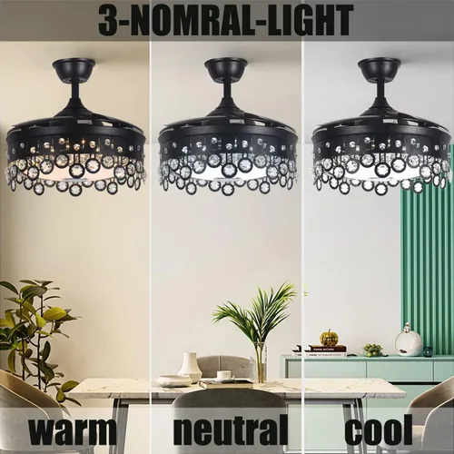 Vista 7 de Fandian Ventilador de techo retráctil con luz, moderno altavoz Bluetooth de 42 pulgadas, regulable, sintonizable, 7 colores, iluminación negra