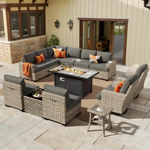 Vista 86 de HOOOWOOO Juego de Muebles Seccionales para Patio al Aire Libre, 6 Piezas Juegos de Conversación de Mimbre Sofá en Forma de L, Sofá Extra Profundo