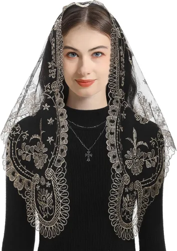 Vista 2 de Bozidol Velo de iglesia triangular tradicional - Estilo español con bordado del Santo Grial de Encaje Mantilla velo para mujer