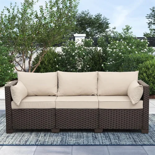 Vista 4 de Rattan Star Muebles de exterior, sofá de 3 plazas, sofá de mimbre marrón para exteriores, asiento profundo, respaldo alto, sofá de patio con cojines