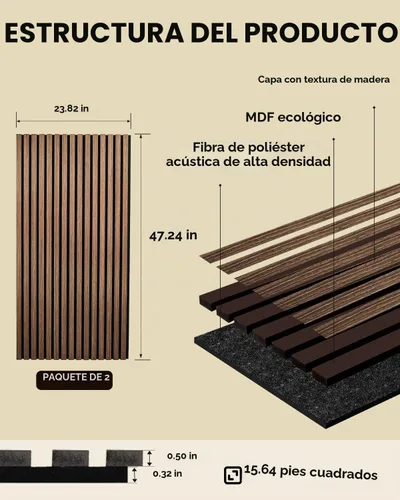 Vista 4 de Paneles acústicos de pared con listones de madera, 2 paneles de amortiguación de sonido de 47.24 x 23.82 pulgadas con acabado de madera natural
