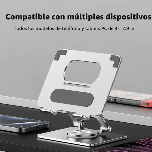 Vista 5 de Soporte para iPad, soporte para tableta con base giratoria gruesa de 360°, soporte de aluminio ajustable de doble varilla para todas las superficies