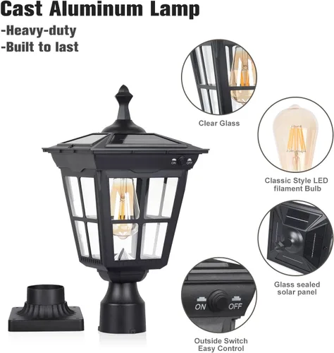Vista 4 de Lámpara solar para poste de luz, aluminio fundido, impermeable, luces LED de pilar con vidrio para exteriores, del atardecer al amanecer, luz solar