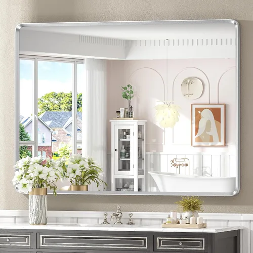Vista 44 de Espejo rectangular con marco mate negro de 20x30 pulgadas para baño, espejo de tocador para pared de baño con esquinas redondeadas, antióxido y a
