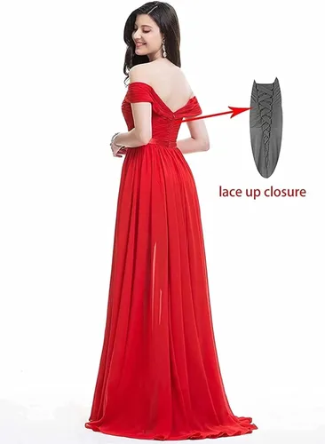 Vista 2 de BTgirl Vestidos de dama de honor con hombros descubiertos para mujer con abertura en línea A vestidos de noche formales largos Azul