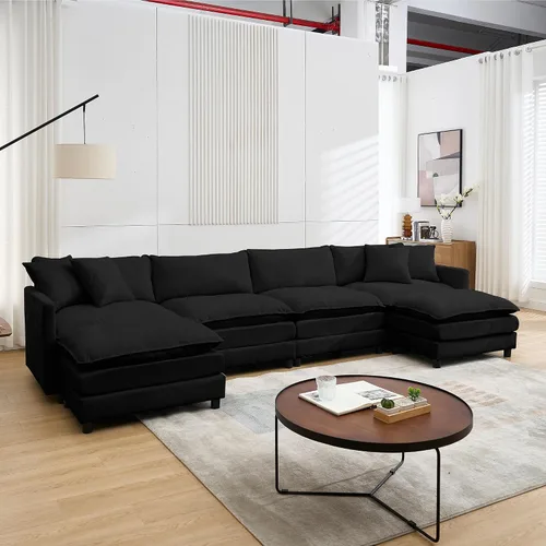 Vista 3 de Sofá modular convertible seccional, sofá de 4 asientos en forma de L con diván reversible, sofá de nube de asiento profundo, sofá cama 3 en 1, tela