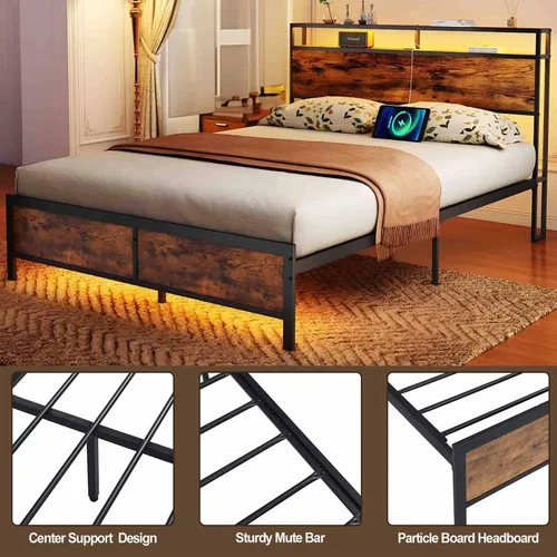 Vista 6 de Base de cama Queen con luces LED, 2 puertos USB, cabecera rústica de almacenamiento de 2 niveles, marco de cama de plataforma industrial, cámaras