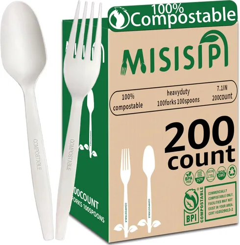 Vista 11 de MISISIPI Juego de utensilios compostables de 150 unidades, resistente con certificación BPI, tenedores desechables sin plástico, cucharas, cuchillos