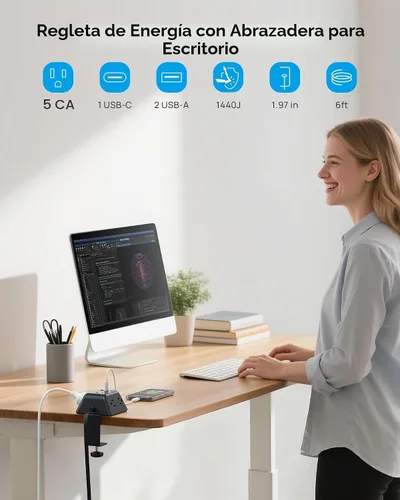 Vista 2 de Abrazadera de escritorio para tira de alimentación, protector de sobretensiones con 5 tomas de CA y 3 puertos USB, estación de carga de montaje