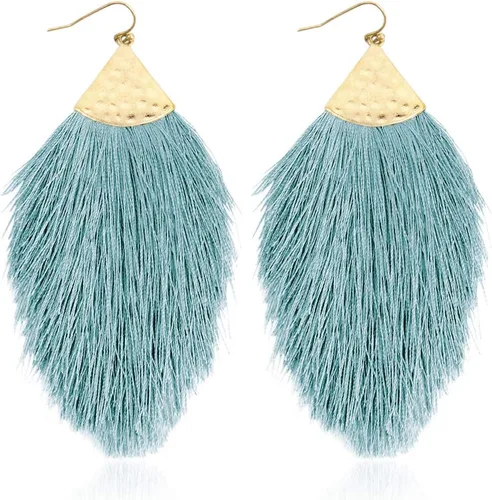 Vista 18 de Aretes bohemios de hilo sedoso con flecos y borlas – Ligeros, colgantes, con hebras y forma de pluma Fleco de plumas - Azul Aqua