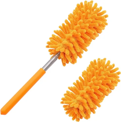 Vista 10 de Plumero de microfibra para limpieza, Tukuos plumeros lavables a mano con 2 piezas de cabezal de microfibra reemplazable, poste extensible, cepillo