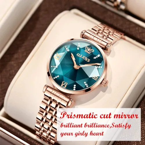 Vista 3 de OLEVS Reloj prismático con diamantes de moda, relojes de lujo para mujer, reloj de cuarzo analógico de acero fino y elegante Verde-Face