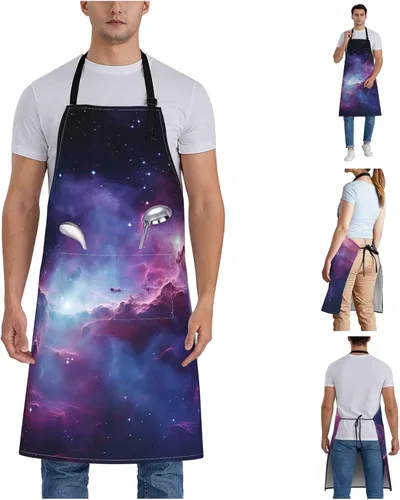Vista 7 de Delantales de galaxia púrpura y azul para mujer con 2 bolsillos, delantal de cocina para hombres, resistente al agua y al aceite, delantal ajustable