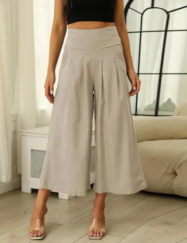 Vista 7 de Hooever Pantalones culottes de algodón y lino para mujer, cintura elástica, pierna ancha, pantalones capri