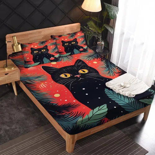 Vista 2 de Juego de sábanas de Navidad con diseño de gato tamaño individual, sábanas de microfibra suave y bolsillo profundo, sábanas y fundas de almohada