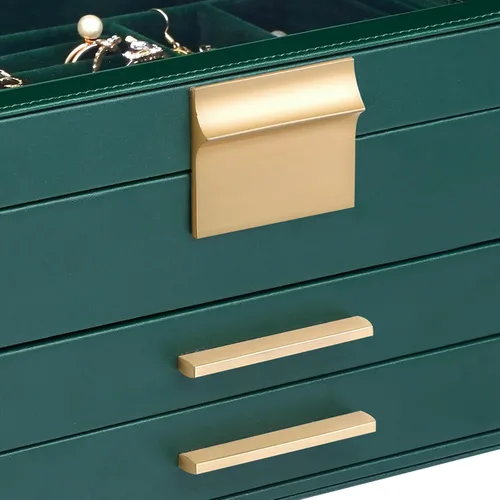 Vista 6 de Joyero organizador para mujer, 3 capas de piel sintética, caja de almacenamiento de joyas con tapa de cristal, regalo para personas, 3 cajones, gran