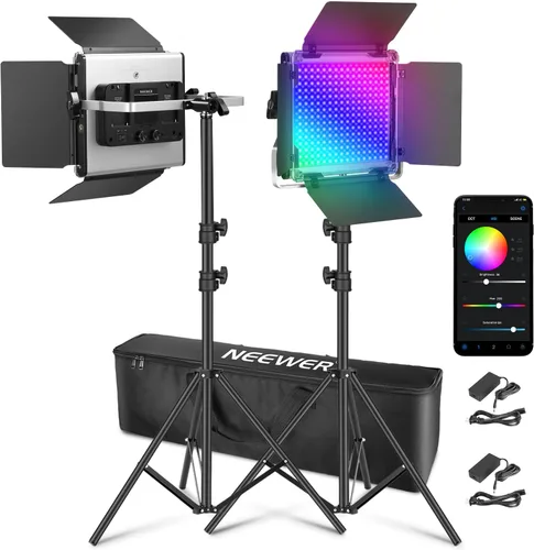 Vista 12 de NEEWER Paquete de 2 luces LED de video RGB1200 con control de aplicación/2.4G, kit de iluminación clave con soportes de trípode y bolsa