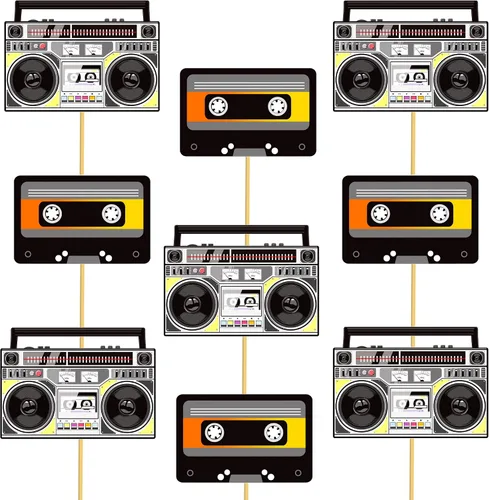 Vista 2 de Palos de centro de mesa Boombox de los años 90, decoraciones de fiesta temática de los años 90, 12 piezas de cinta de casete de radio Boombox