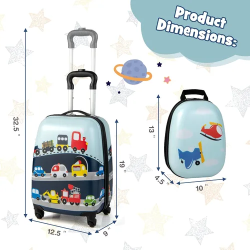 Vista 6 de Goplus Equipaje para niños, 2 piezas, 12 y 16 pulgadas, juego de equipaje de mano para niños con 4 ruedas giratorias, maleta ligera con ruedas
