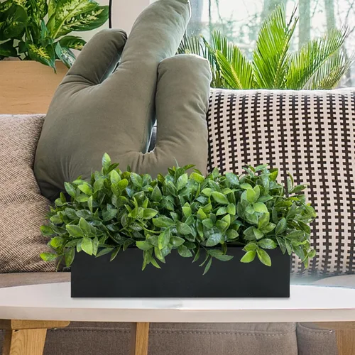 Vista 6 de Winlyn Planta de boj artificial de 14 pulgadas, arreglo de vegetación de boj sintético en negro, maceta rectangular de madera en maceta, planta