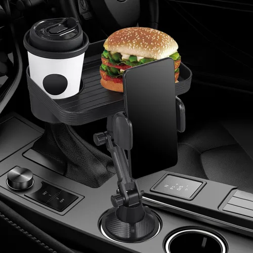 Vista 3 de CALLARON Bandeja portavasos, bandejas para automóvil para comer, bandeja giratoria ajustable 3 en 1 para alimentos, soporte universal para vasos