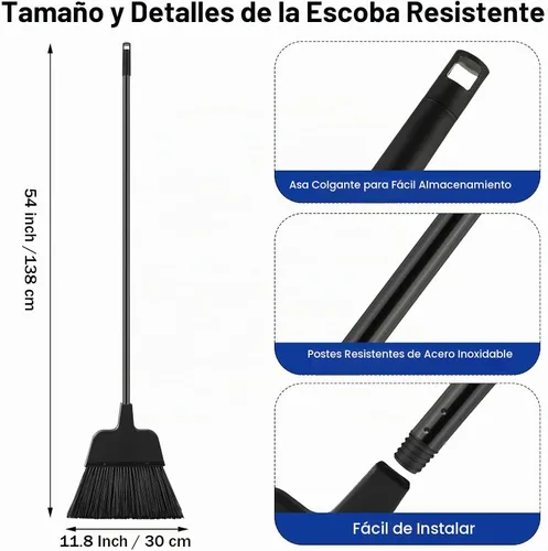 Vista 2 de 8 escobas para exteriores para limpieza de suelos de 54 pulgadas, escoba comercial resistente, mango largo, escobas angulares para barredora Negro