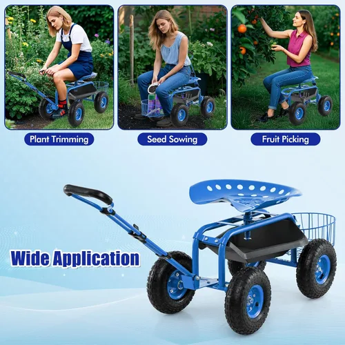 Vista 7 de Goplus Carrito de jardín rodante con asiento, taburete de jardín al aire libre con ruedas, bandeja de herramientas y cesta, mango de dirección