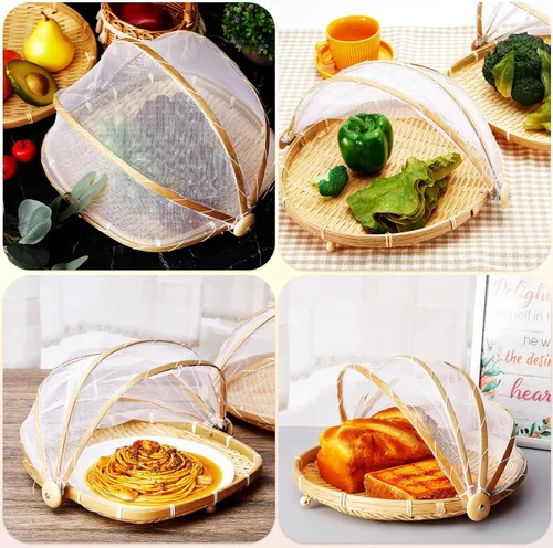 Vista 7 de Patelai 2 piezas cubiertas de bambú para servir alimentos para tienda de campaña al aire libre con cesta de almacenamiento de pan de gasa, cuenco