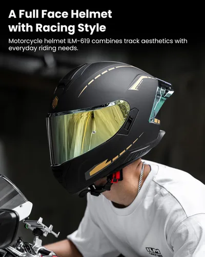 Vista 2 de ILM Cascos de motocicleta de cara completa para adultos, hombres y mujeres, doble visera Powersports Motorbike Street Racing 619 (negro dorado, S)